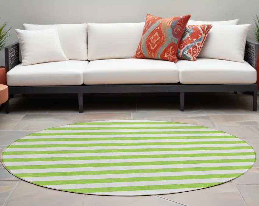 Green and White Round Striped Washable Non Skid Indoor Outdoor Area Rug Photo 1