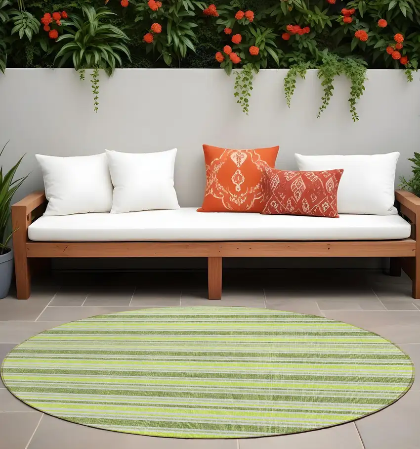 8' Round Green and Yellow Round Striped Washable Non Skid Indoor Outdoor Area Rug Photo 1