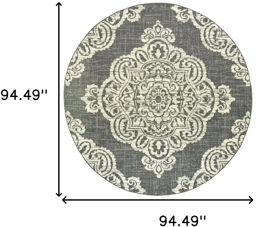8' Round Grey Round Oriental Stain Resistant Indoor Outdoor Area Rug Photo 5