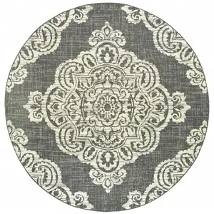 Photo of 8' Round Grey Round Oriental Stain Resistant Indoor Outdoor Area Rug