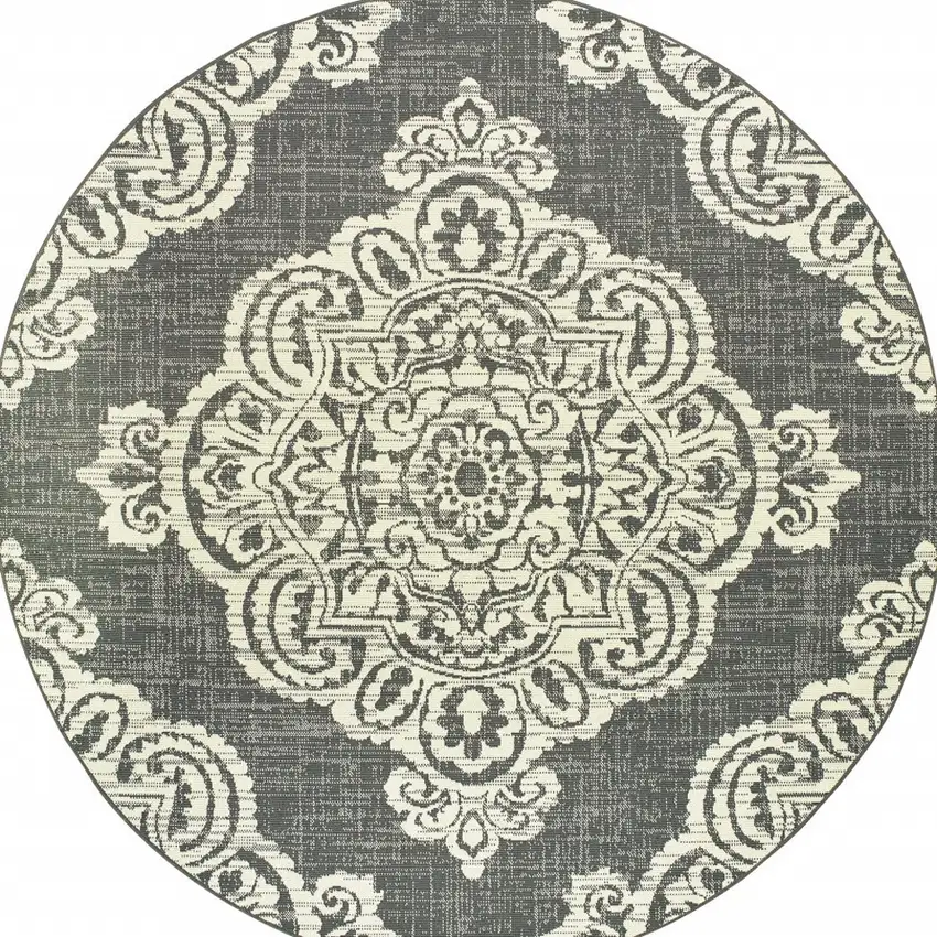 8' Round Grey Round Oriental Stain Resistant Indoor Outdoor Area Rug Photo 4