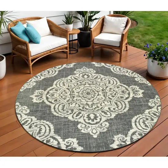 Gray and Ivory Round Oriental Stain Resistant Indoor Outdoor Area Rug Photo 1