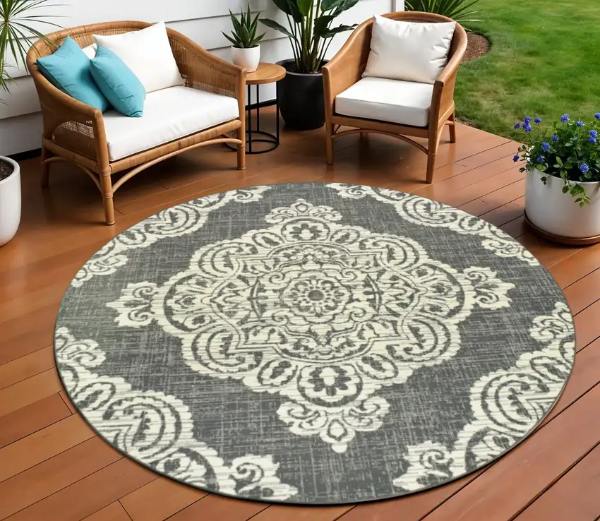 Gray and Ivory Round Oriental Stain Resistant Indoor Outdoor Area Rug Photo 1