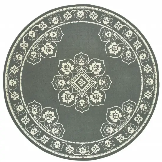 8' Round Grey Round Oriental Stain Resistant Indoor Outdoor Area Rug Photo 1