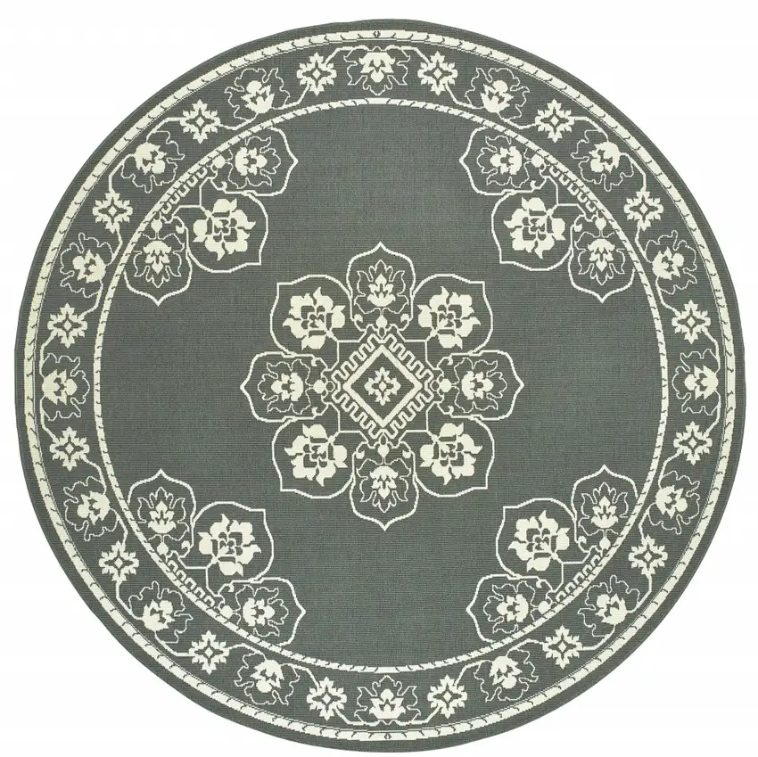 8' Round Grey Round Oriental Stain Resistant Indoor Outdoor Area Rug Photo 1