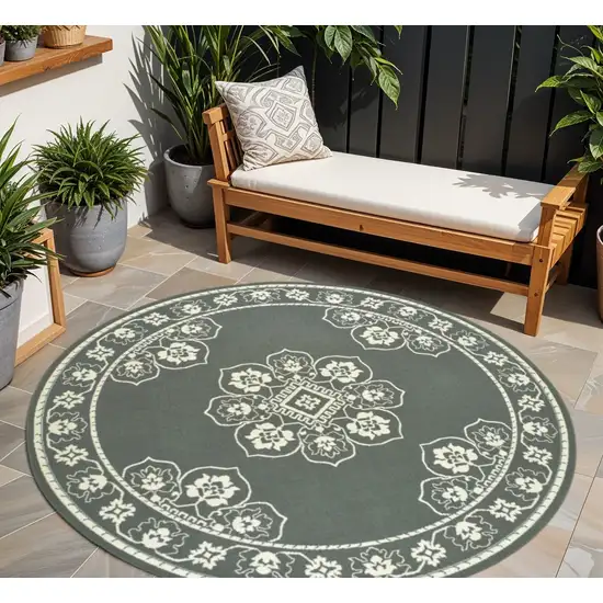 Gray and Ivory Round Oriental Stain Resistant Indoor Outdoor Area Rug Photo 1