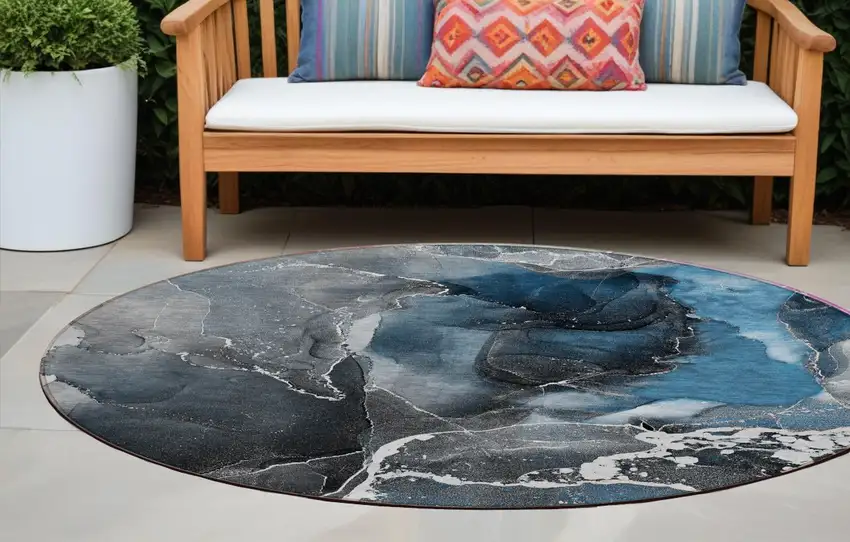 Ivory Blue and Gray Round Abstract Washable Non Skid Indoor Outdoor Area Rug Photo 1
