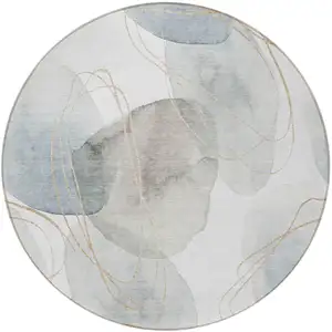 Photo of 8' Round Ivory Blue and Gray Round Abstract Washable Non Skid Indoor Outdoor Area Rug