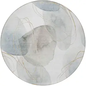 Photo of 8' Round Ivory Blue and Gray Round Abstract Washable Non Skid Indoor Outdoor Area Rug