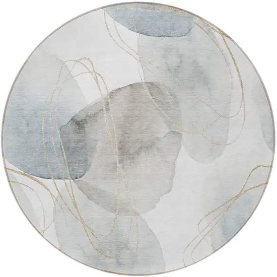 Ivory Blue and Gray Round Abstract Washable Non Skid Indoor Outdoor Area Rug Photo 5