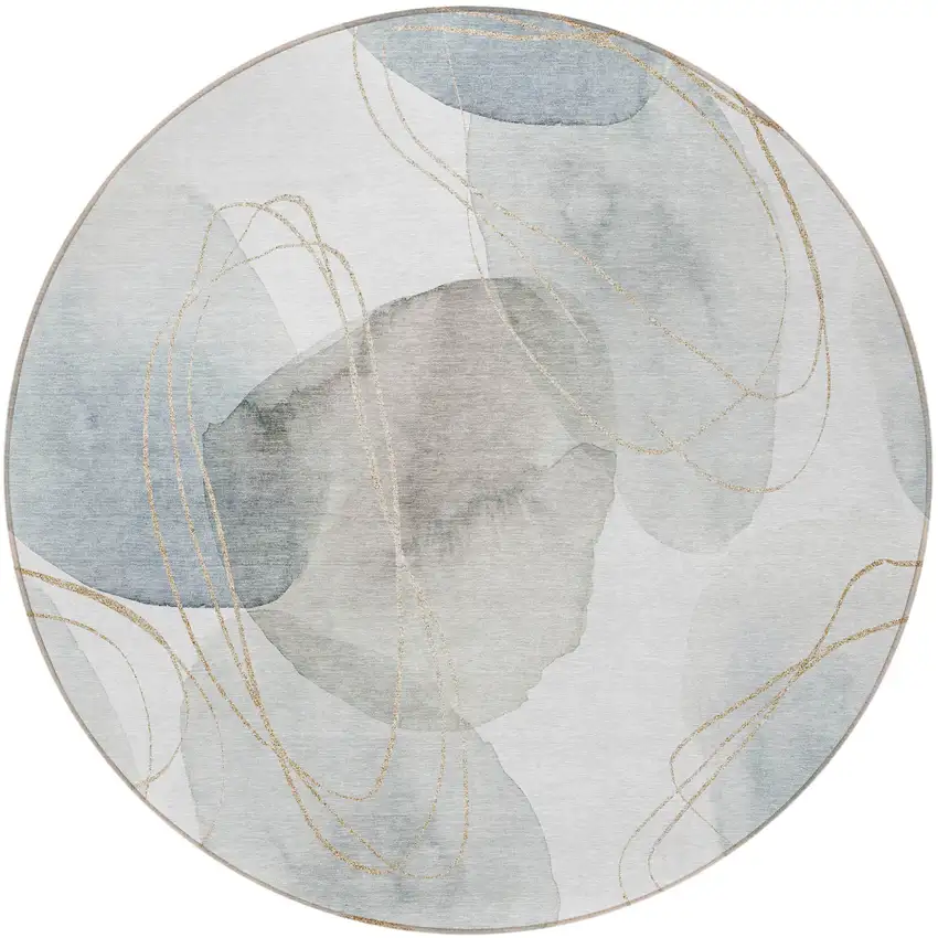 Ivory Blue and Gray Round Abstract Washable Non Skid Indoor Outdoor Area Rug Photo 5