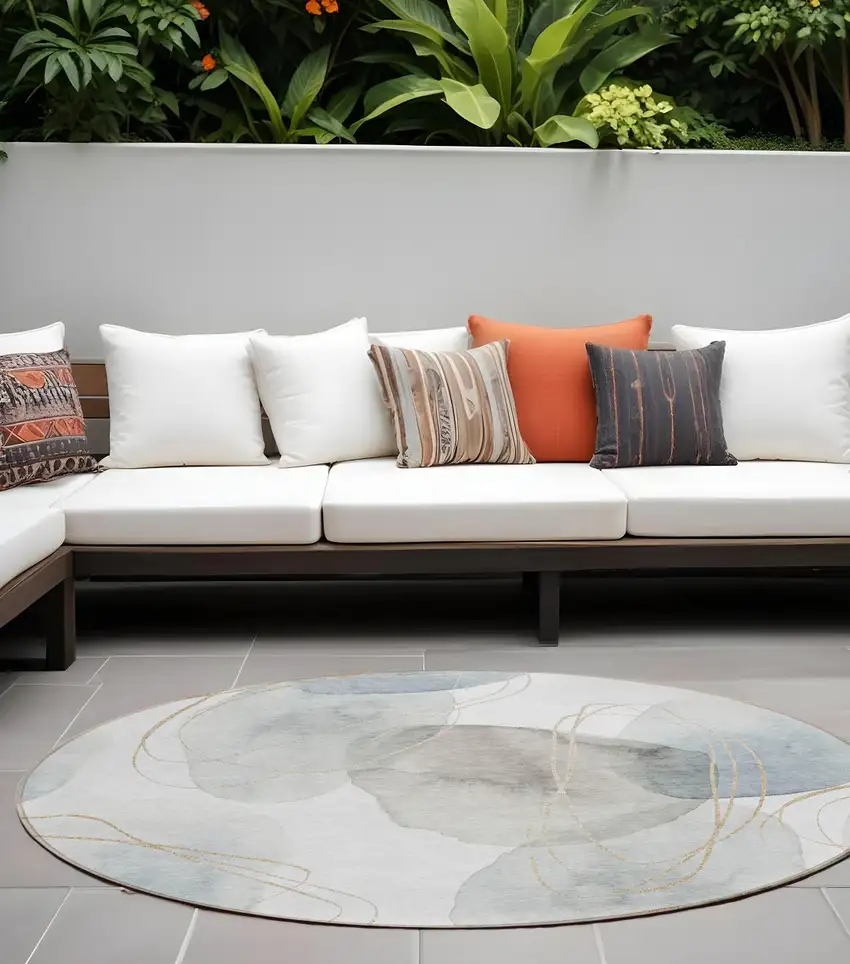 Ivory Blue and Gray Round Abstract Washable Non Skid Indoor Outdoor Area Rug Photo 1