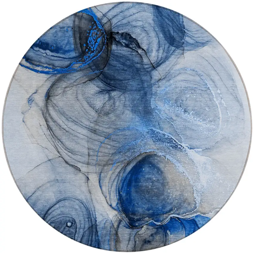 Ivory Blue and Gray Round Abstract Washable Non Skid Indoor Outdoor Area Rug Photo 2