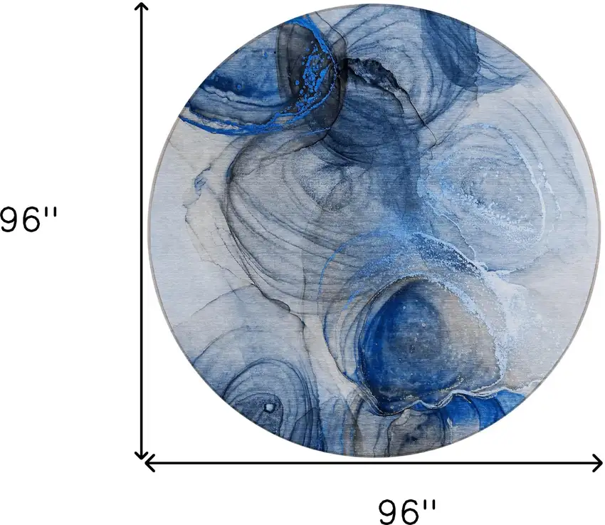 8' Round Ivory Blue and Gray Round Abstract Washable Non Skid Indoor Outdoor Area Rug Photo 3