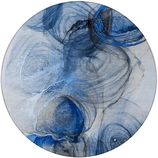 Ivory Blue and Gray Round Abstract Washable Non Skid Indoor Outdoor Area Rug Photo 4
