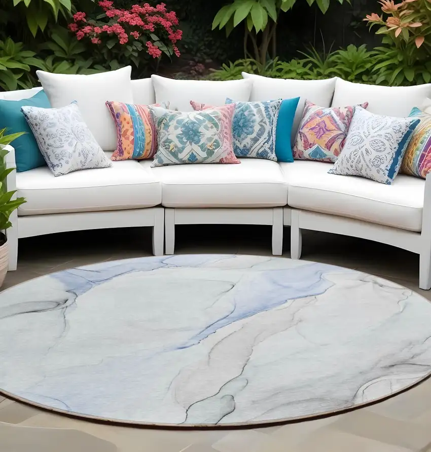 Ivory Blue and Gray Round Abstract Washable Non Skid Indoor Outdoor Area Rug Photo 1