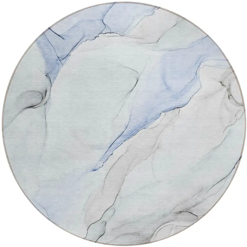 Ivory Blue and Gray Round Abstract Washable Non Skid Indoor Outdoor Area Rug Photo 2