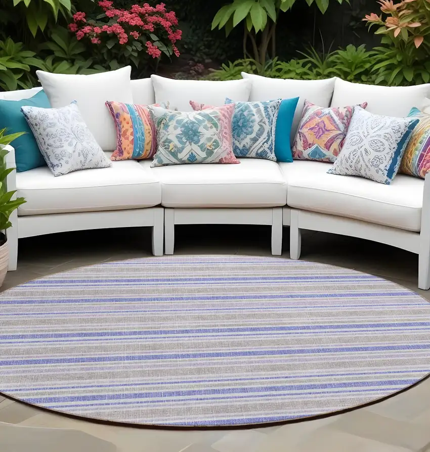 Ivory Blue and Gray Round Striped Washable Non Skid Indoor Outdoor Area Rug Photo 1