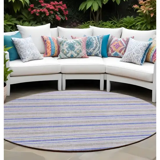 Ivory Blue and Gray Round Striped Washable Non Skid Indoor Outdoor Area Rug Photo 1