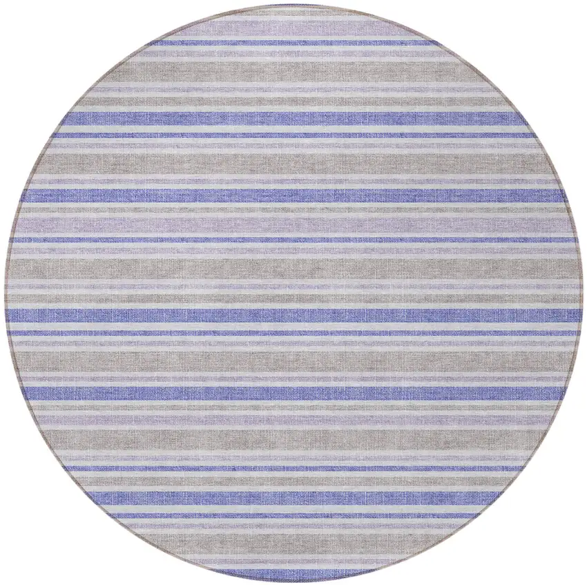 8' Ivory Blue And Gray Round Striped Washable Indoor Outdoor Area Rug Photo 3
