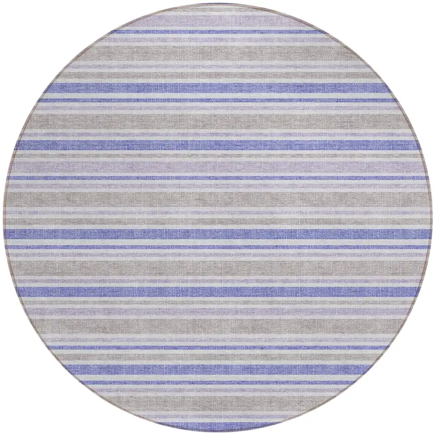 Ivory Blue and Gray Round Striped Washable Non Skid Indoor Outdoor Area Rug Photo 2