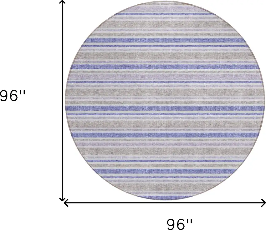 8' Round Ivory Blue and Gray Round Striped Washable Non Skid Indoor Outdoor Area Rug Photo 3