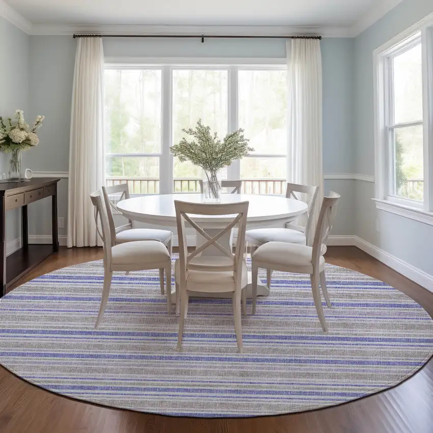 Ivory Blue and Gray Round Striped Washable Non Skid Indoor Outdoor Area Rug Photo 9