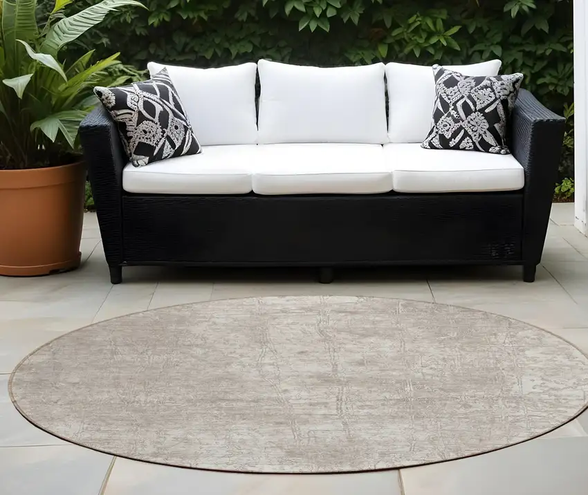 8' Round Ivory Round Abstract Washable Non Skid Indoor Outdoor Area Rug Photo 1