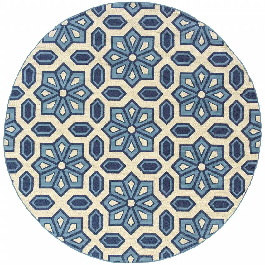 8' Round Ivory Round Geometric Stain Resistant Indoor Outdoor Area Rug Photo 1
