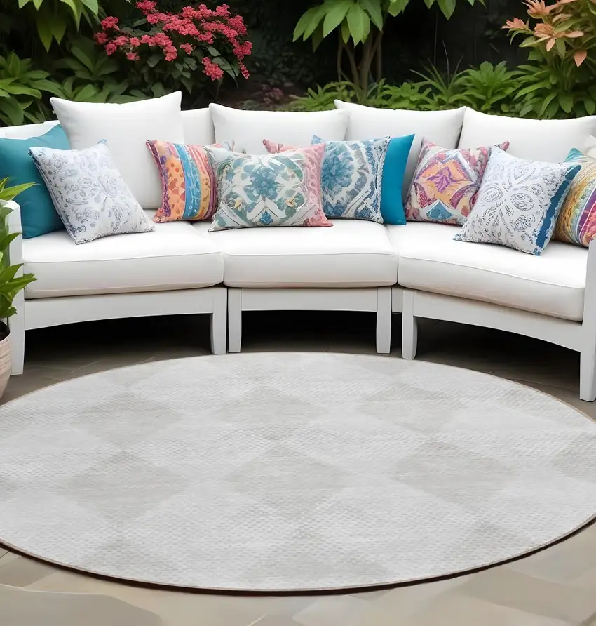 8' Round Ivory Round Geometric Washable Non Skid Indoor Outdoor Area Rug Photo 1
