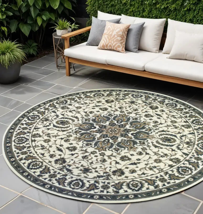 Ivory and Blue Round Oriental Stain Resistant Indoor Outdoor Area Rug Photo 1