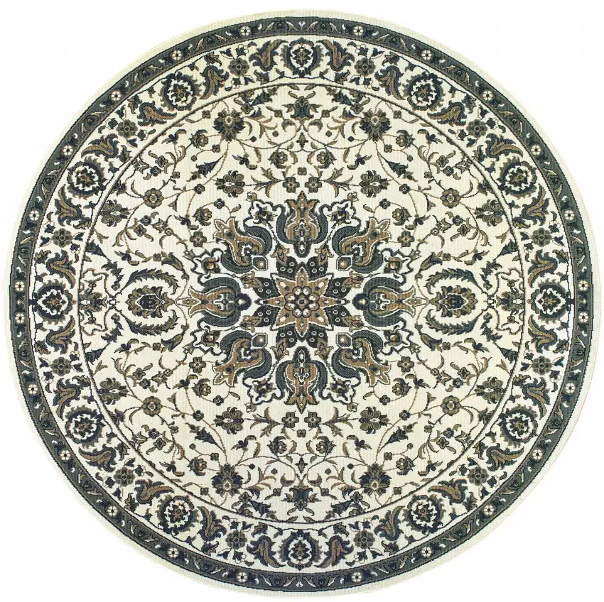 8' Round Ivory Round Oriental Stain Resistant Indoor Outdoor Area Rug Photo 1
