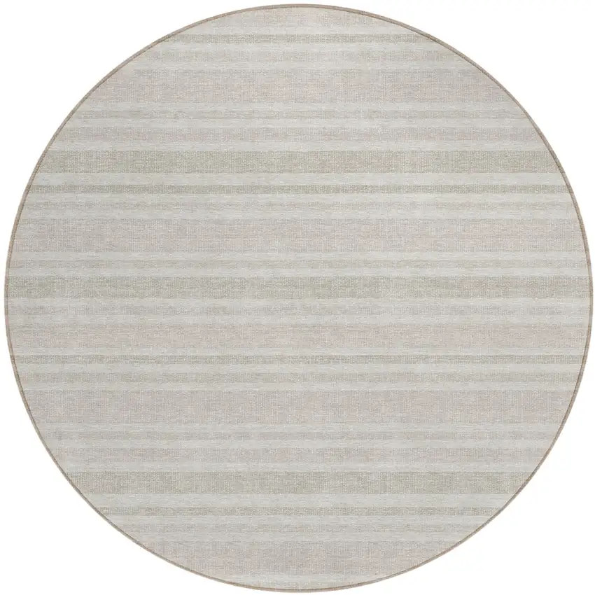Ivory Round Striped Washable Indoor Outdoor Area Rug Photo 2