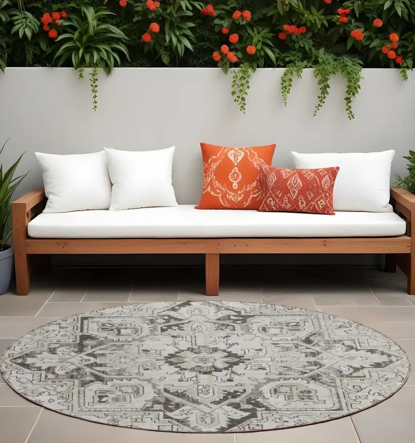8' Round Ivory and Dark Brown Round Oriental Washable Non Skid Indoor Outdoor Area Rug Photo 1