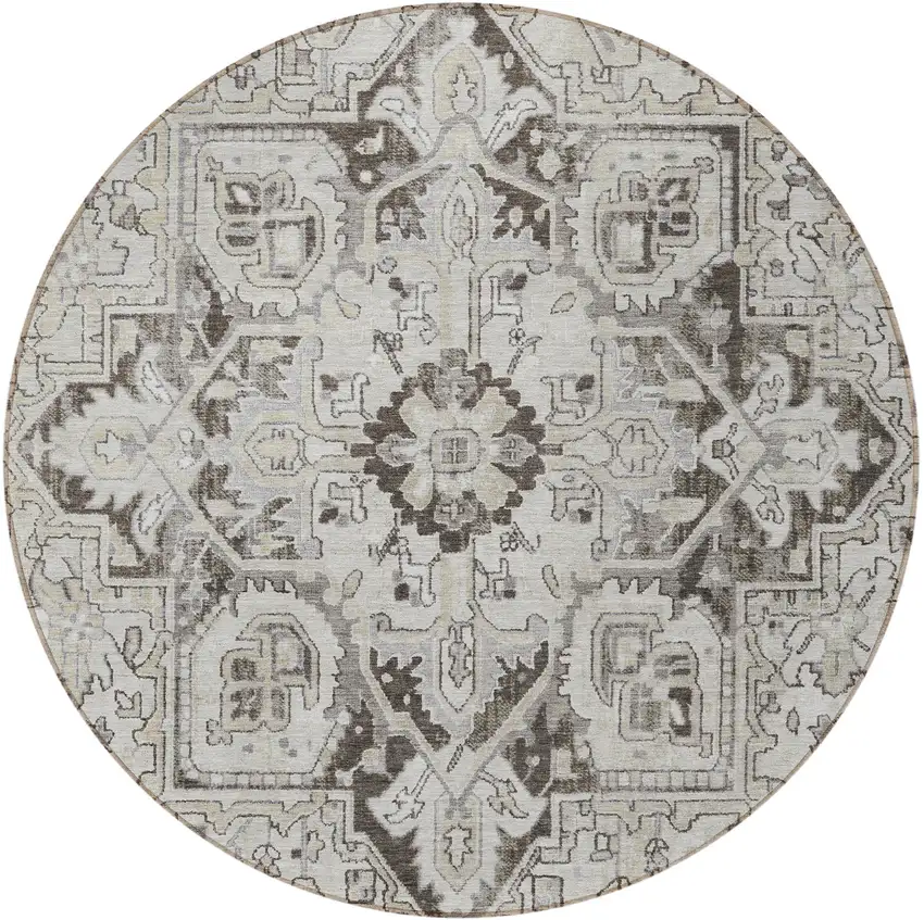 8' Round Ivory and Dark Brown Round Oriental Washable Non Skid Indoor Outdoor Area Rug Photo 4