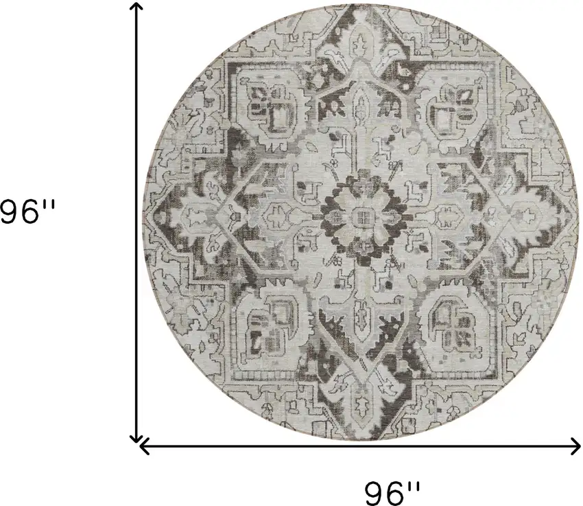 Ivory and Dark Brown Round Oriental Washable Non Skid Indoor Outdoor Area Rug Photo 3