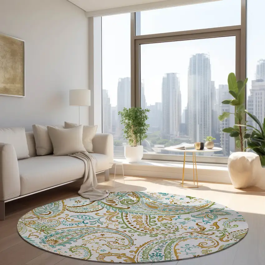 Ivory and Gold Round Paisley Washable Non Skid Indoor Outdoor Area Rug Photo 9