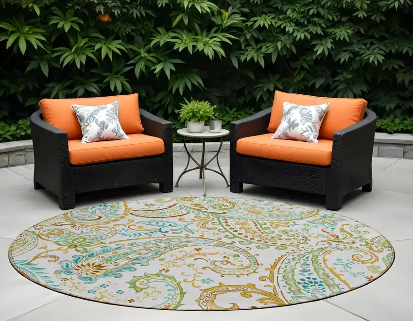 8' Round Ivory and Gold Round Paisley Washable Non Skid Indoor Outdoor Area Rug Photo 1