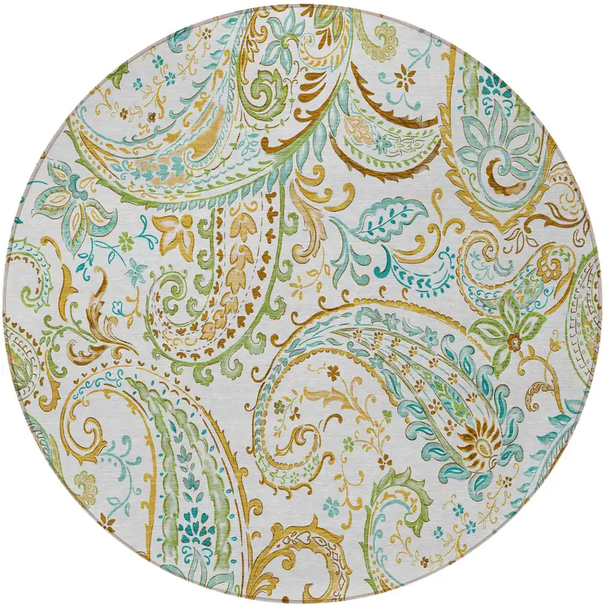 8' Round Ivory and Gold Round Paisley Washable Non Skid Indoor Outdoor Area Rug Photo 5