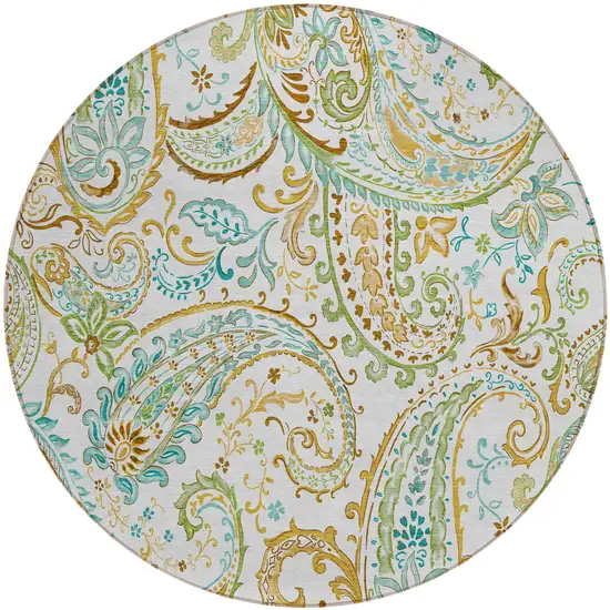 Ivory and Gold Round Paisley Washable Non Skid Indoor Outdoor Area Rug Photo 2