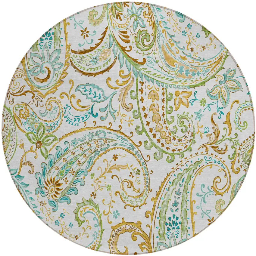 Ivory and Gold Round Paisley Washable Non Skid Indoor Outdoor Area Rug Photo 2