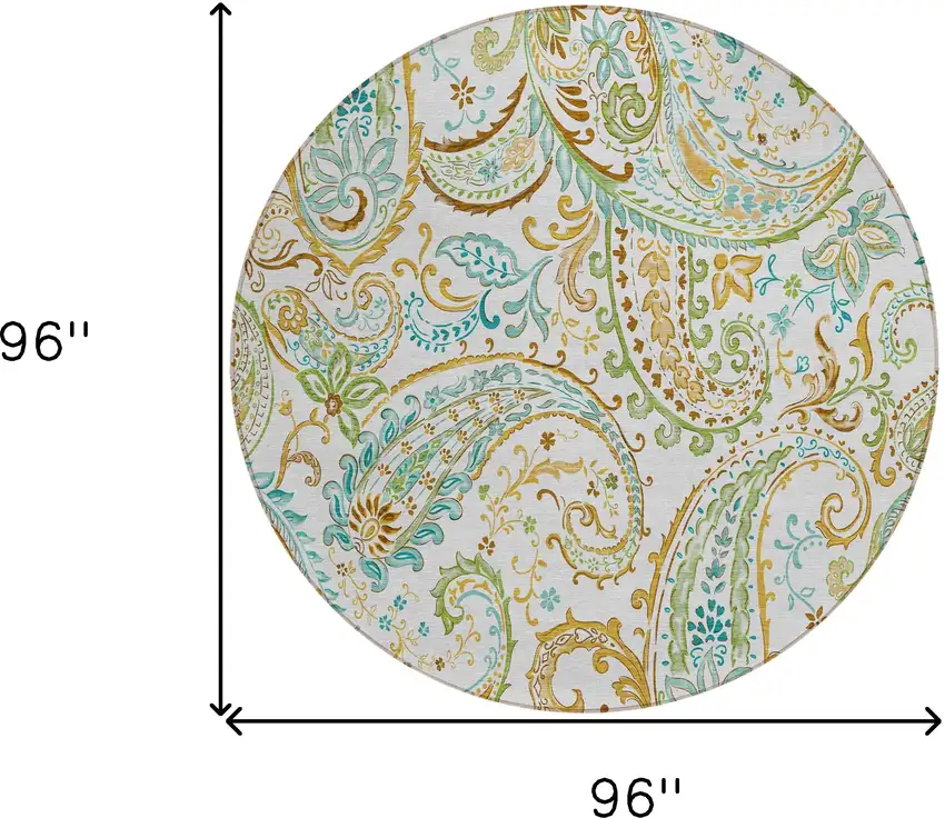 8' Round Ivory and Gold Round Paisley Washable Non Skid Indoor Outdoor Area Rug Photo 3