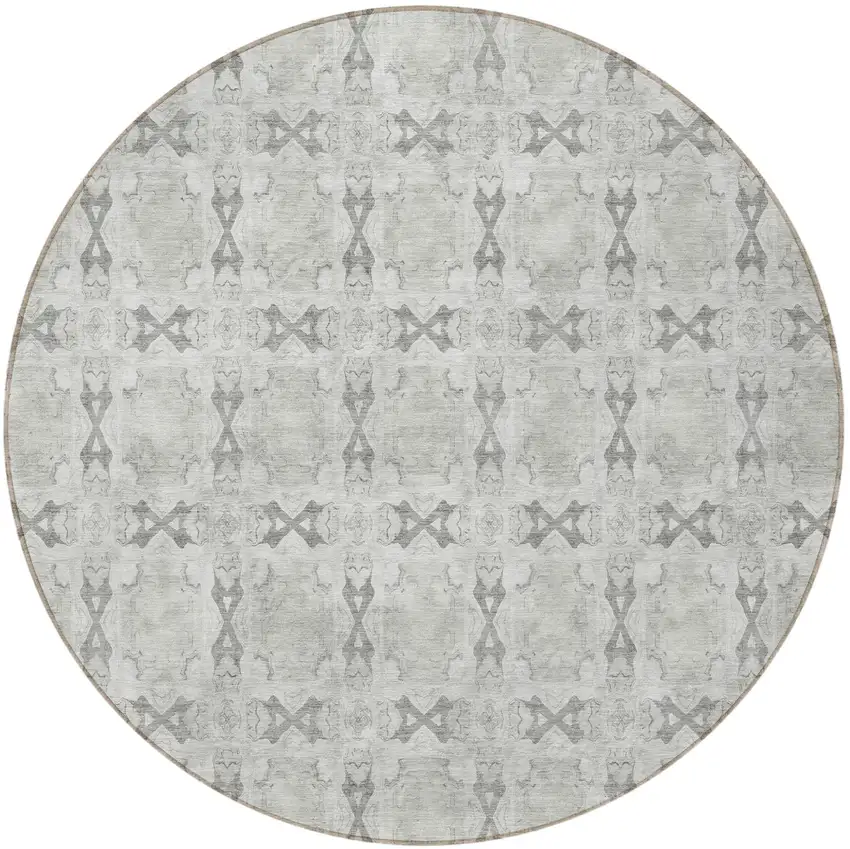 Ivory and Gray Round Floral Medallion Washable Non Skid Indoor Outdoor Area Rug Photo 4