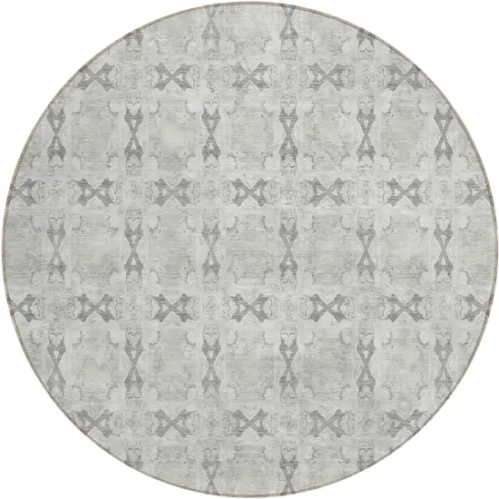 8' Round Ivory and Gray Round Floral Medallion Washable Non Skid Indoor Outdoor Area Rug Photo 2