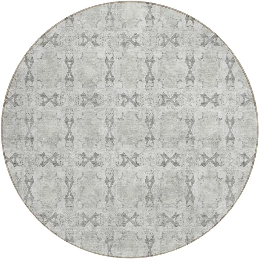 8' Round Ivory and Gray Round Floral Medallion Washable Non Skid Indoor Outdoor Area Rug Photo 2