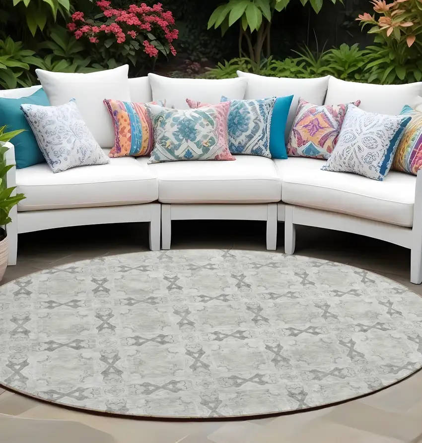 Ivory and Gray Round Floral Medallion Washable Non Skid Indoor Outdoor Area Rug Photo 1