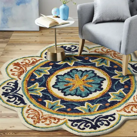 4' Round Ivory and Navy Decorative Area Rug Photo 8