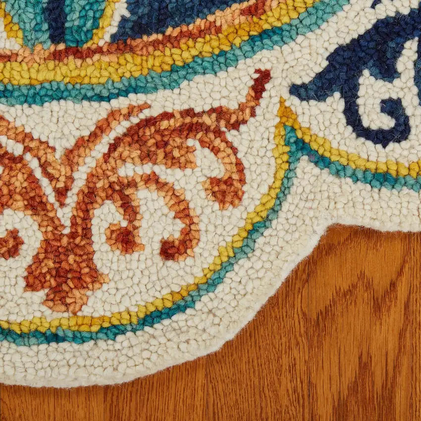 4' Round Ivory and Navy Decorative Area Rug Photo 7