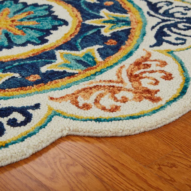 4' Round Ivory and Navy Decorative Area Rug Photo 4