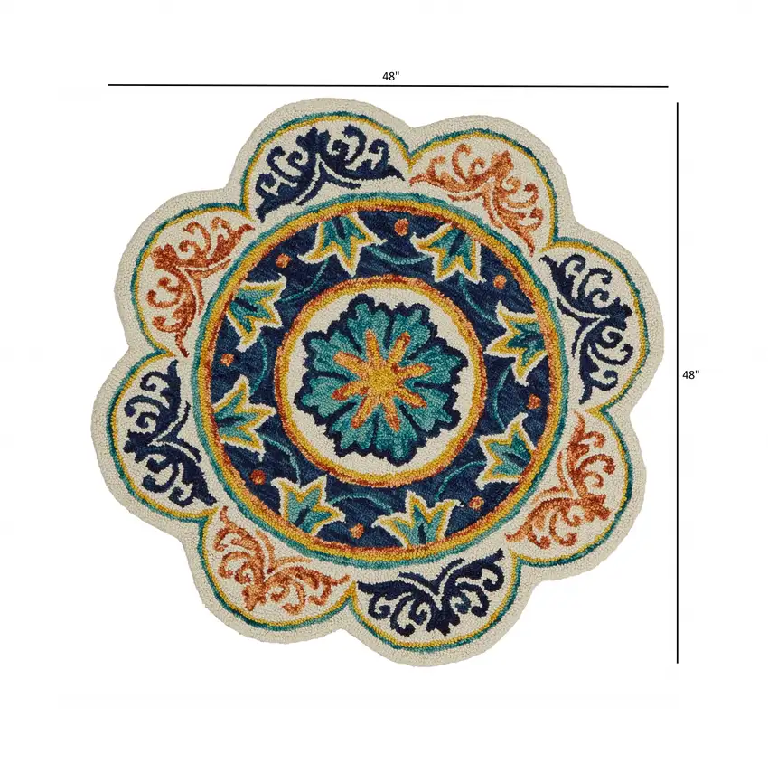 4' Round Ivory and Navy Decorative Area Rug Photo 3